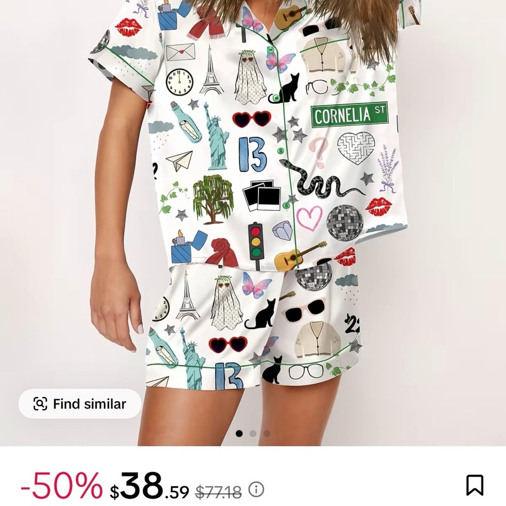 SheShow Taylor Swift Graphic Print White Women's Button Up Top and Shorts